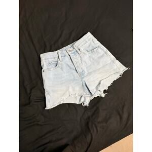 Old Navy High-Rise Sky-Hi A-Line fray hem distressed light blue jean shorts